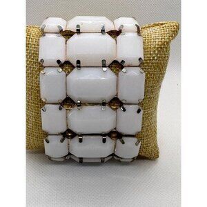 Vintage White Milk Glass Cuff Bracelet With Silver-Tone Metal Accents